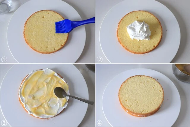 レモンショートケーキ　レシピ　スポンジにシロップ・クリーム・レモンカードを塗って重ねる