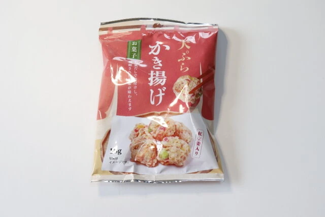 ダイソー　天ぷら　紅生姜入りかき揚げ　お菓子　食品　スナック菓子　パッケージ