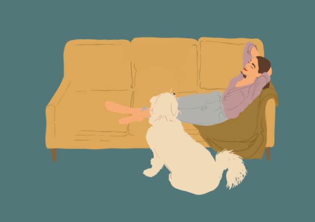 ソファでくつろぐ女性と犬　イラスト