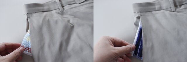ダイソー　ジャガードタオルハンカチ（ハーフサイズ、ストライプ、2枚）　ポケット　厚み　比較　見た目