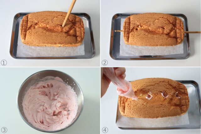 苺の生パウンドケーキ　レシピ　苺クリームを絞る