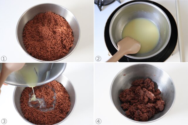 ひとくちココナッツボールケーキ　レシピ　ココアスポンジケーキを粉砕しホワイトチョコ、牛乳と混ぜる