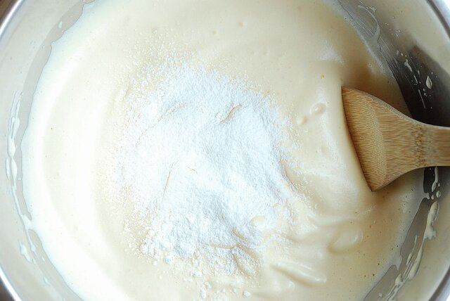 あんバターロールケーキ　レシピ　小麦粉を加えて混ぜる