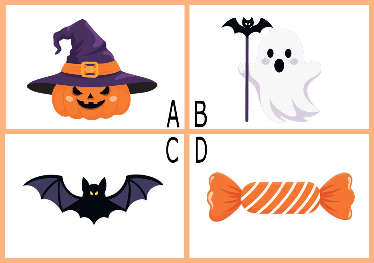ハロウィン心理テストの選択肢。Aかぼちゃ、Bおばけ、Cコウモリ、Dお菓子。