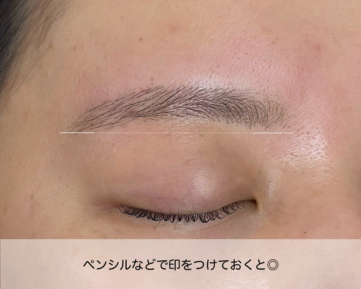 眉頭と眉尻の高さを示す白い点線が引かれた目元