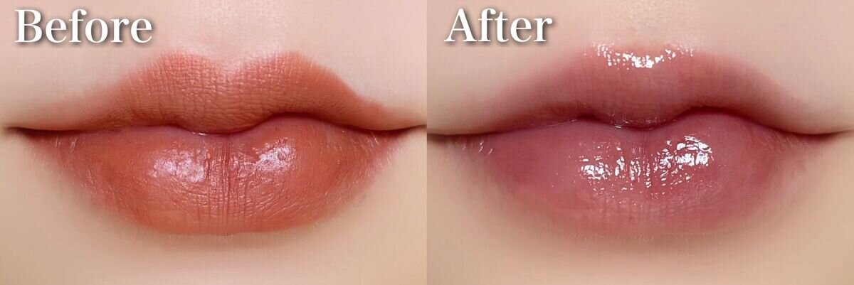リップメイクのBeforeとAfterを比較。Afterはツヤがあり輪郭がぼかされた抜け感のある仕上がり。 リップメイクのBeforeとAfterを比較。Afterはツヤがあり輪郭がぼかされた抜け感のある仕上がり。