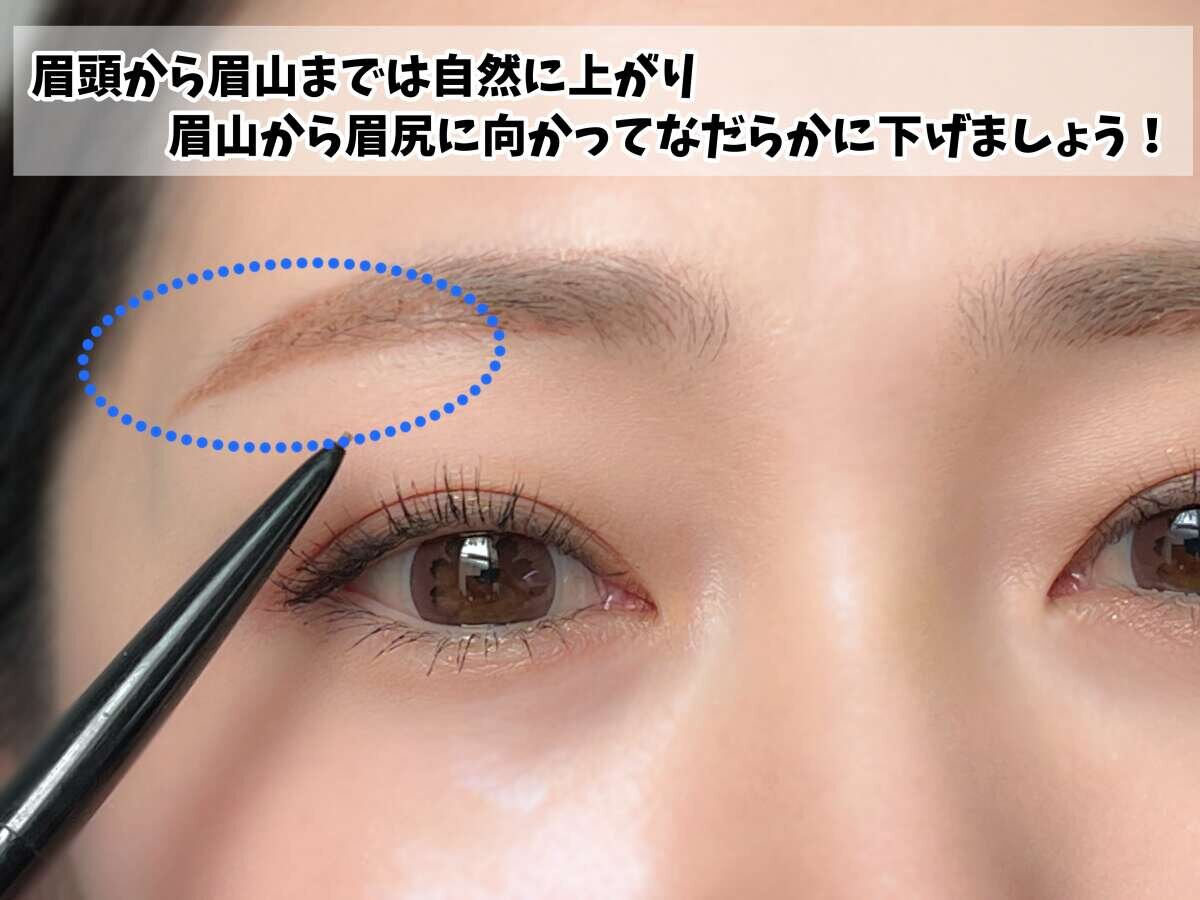 眉ペンシルで眉を描き、眉のカーブを青い点線で囲んで説明している女性の顔のアップ 眉ペンシルで眉を描き、眉のカーブを青い点線で囲んで説明している女性の顔のアップ