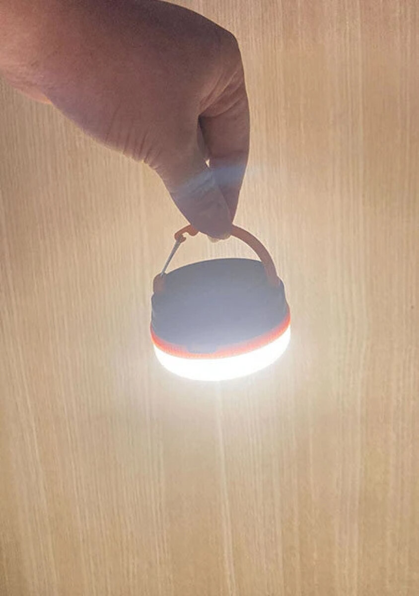 在黑暗的房間裡,我手指間夾著的 Multi Lantern S 燈亮了起來。 暗い部屋で指でつまんだマルチランタンSが明るく点灯