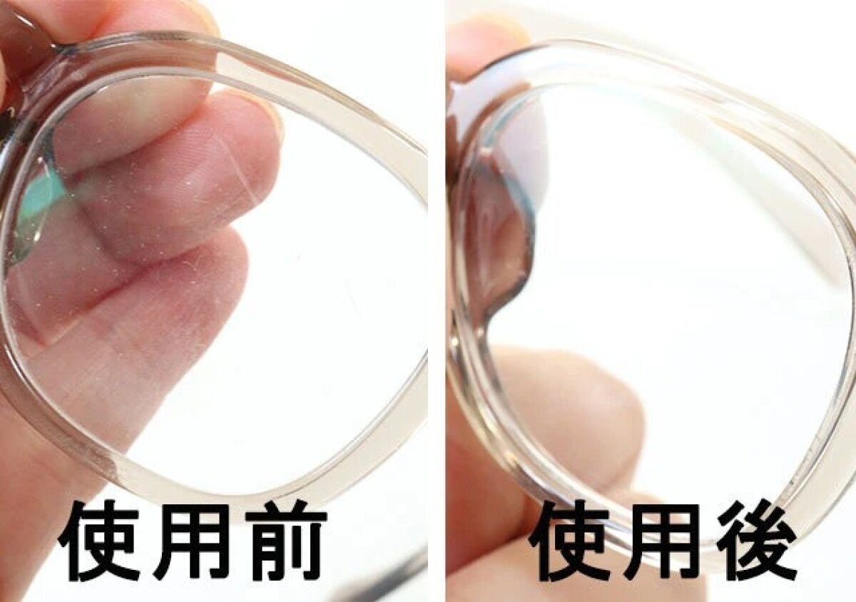 使用清潔劑前後鏡頭污垢的比較照片。 クリーナー使用前と使用後のレンズの汚れの比較写真