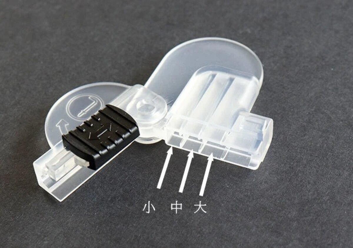 一張特寫照片顯示了指甲套的結構,它有三個不同尺寸的孔:小號、中號和大號。 小中大の3つのサイズ穴が並んでいるおれくぎカバーの構造がわかるアップ写真