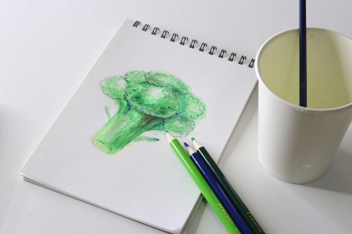 一套素描本和彩色鉛筆,上面畫著一幅完整的西蘭花插圖。 完成したブロッコリーのイラストが描かれたスケッチブックと色鉛筆のセット