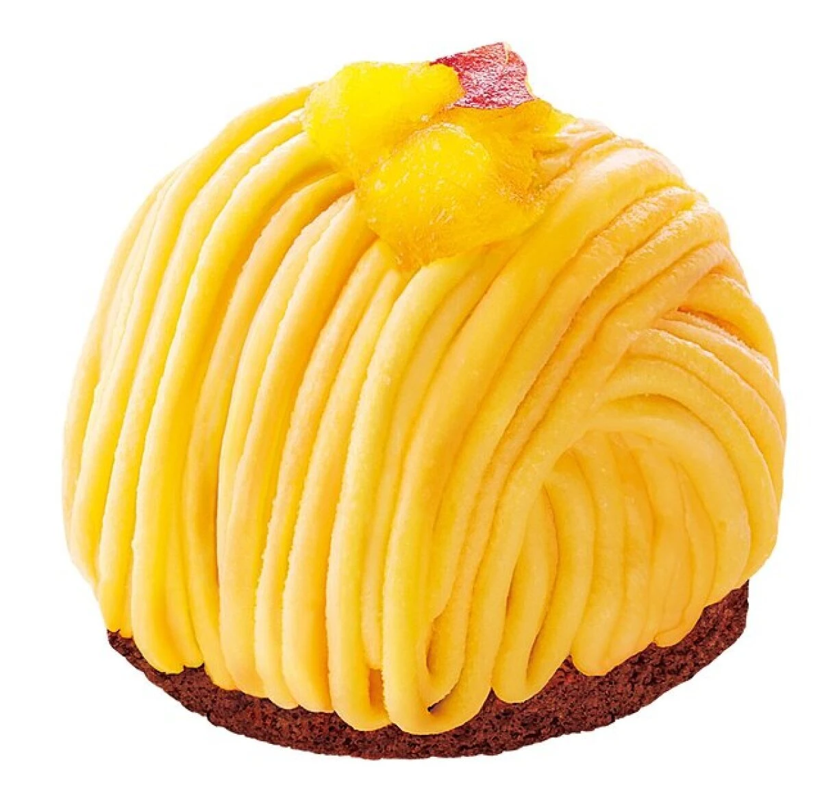 黄色いなると金時クリームとダイスが乗ったドーム型のケーキ 黄色いなると金時クリームとダイスが乗ったドーム型のケーキ