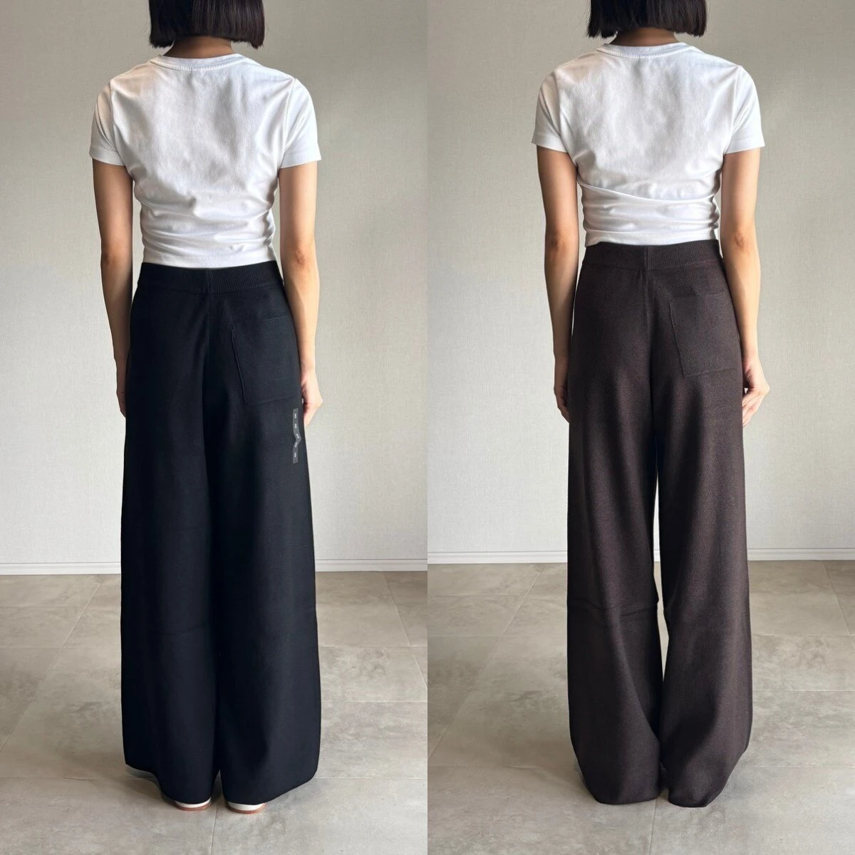 白Tシャツとブラックの標準丈、ダークブラウンの丈長めニットパンツを着用した女性の後ろ姿