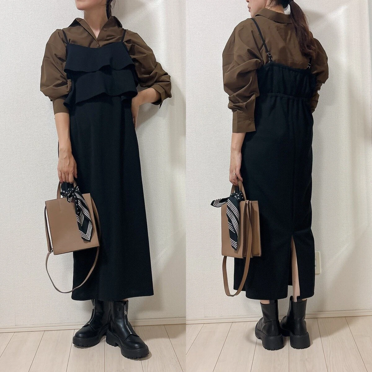 黒のキャミソールワンピースのインナーにブラウンシャツを合わせたコーデ