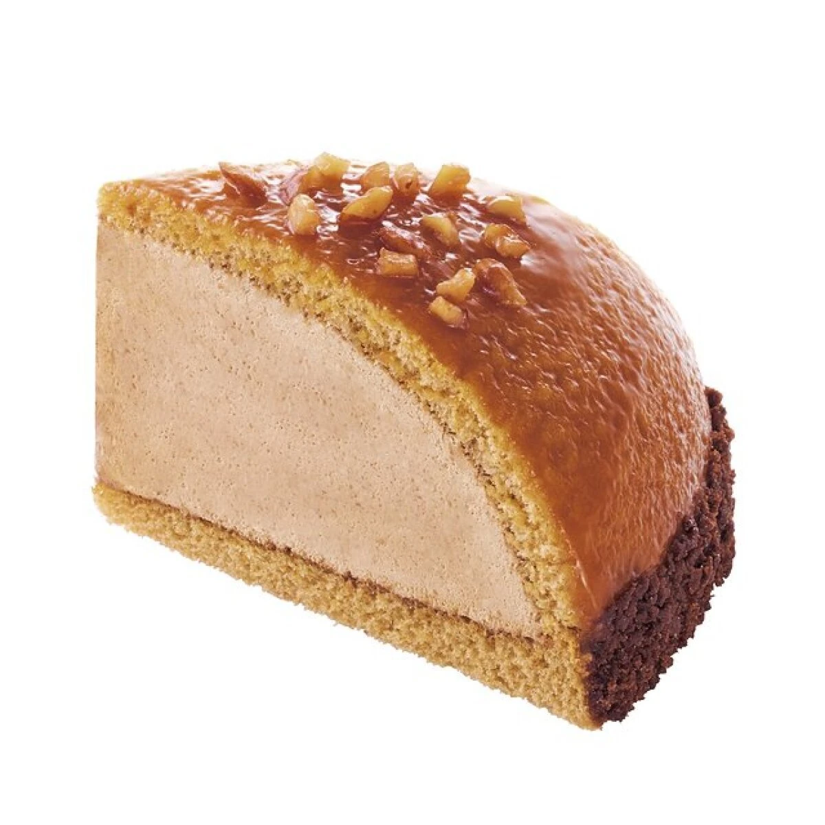 キャラメルクリームとアーモンドがトッピングされたケーキの断面 キャラメルクリームとアーモンドがトッピングされたケーキの断面