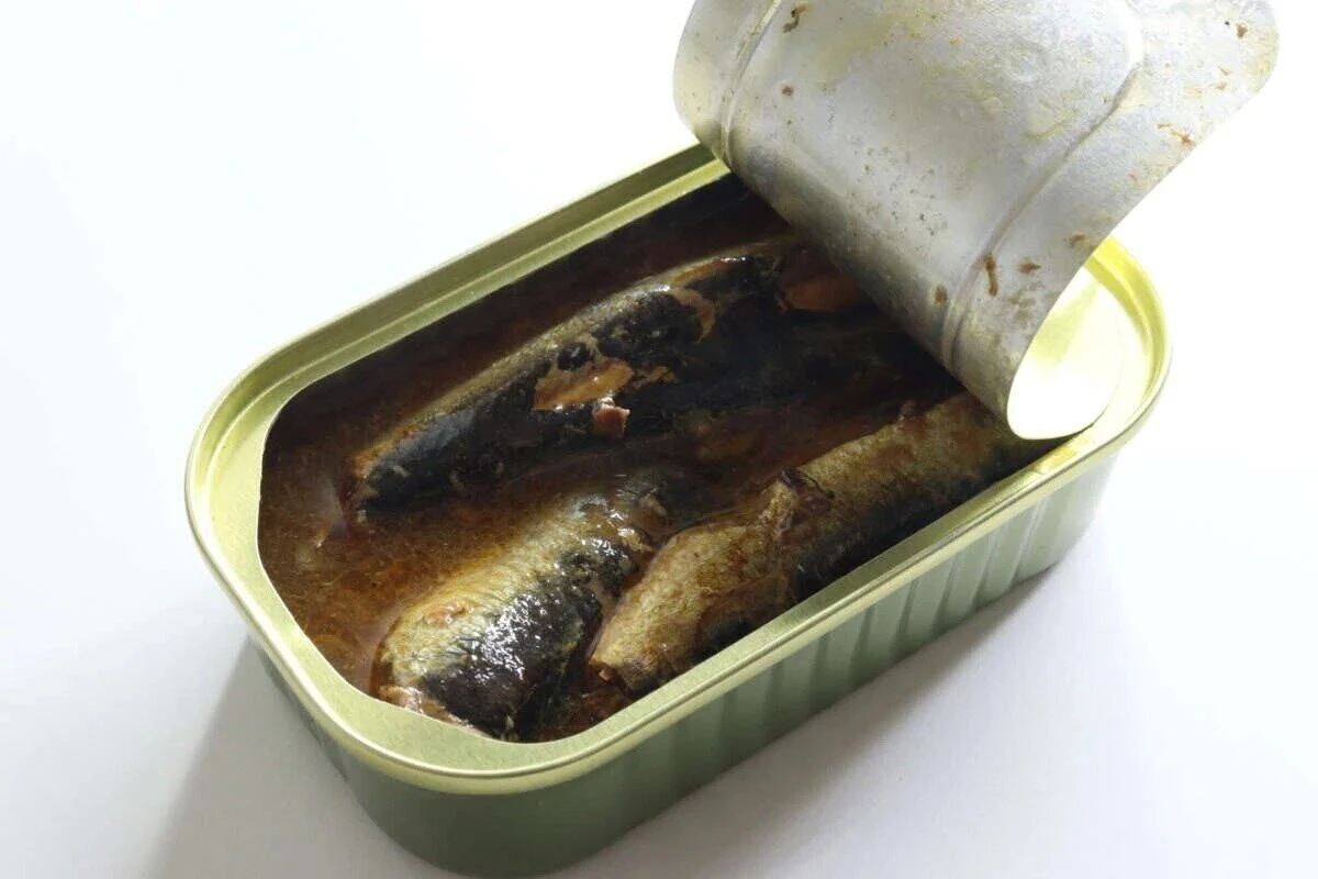 開けた状態のいわし醤油煮缶詰、いわしが3尾見える 開けた状態のいわし醤油煮缶詰、いわしが3尾見える