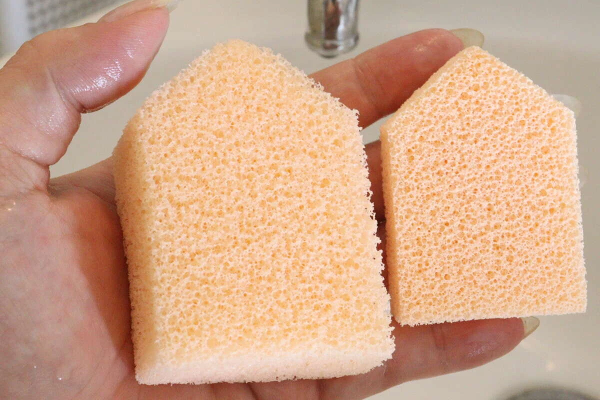 水を含んで膨らんだパフと乾燥したパフを手に持っている