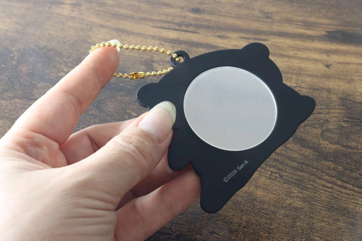 キーホルダーの裏面にある丸いミラーを手に持って見せている状態