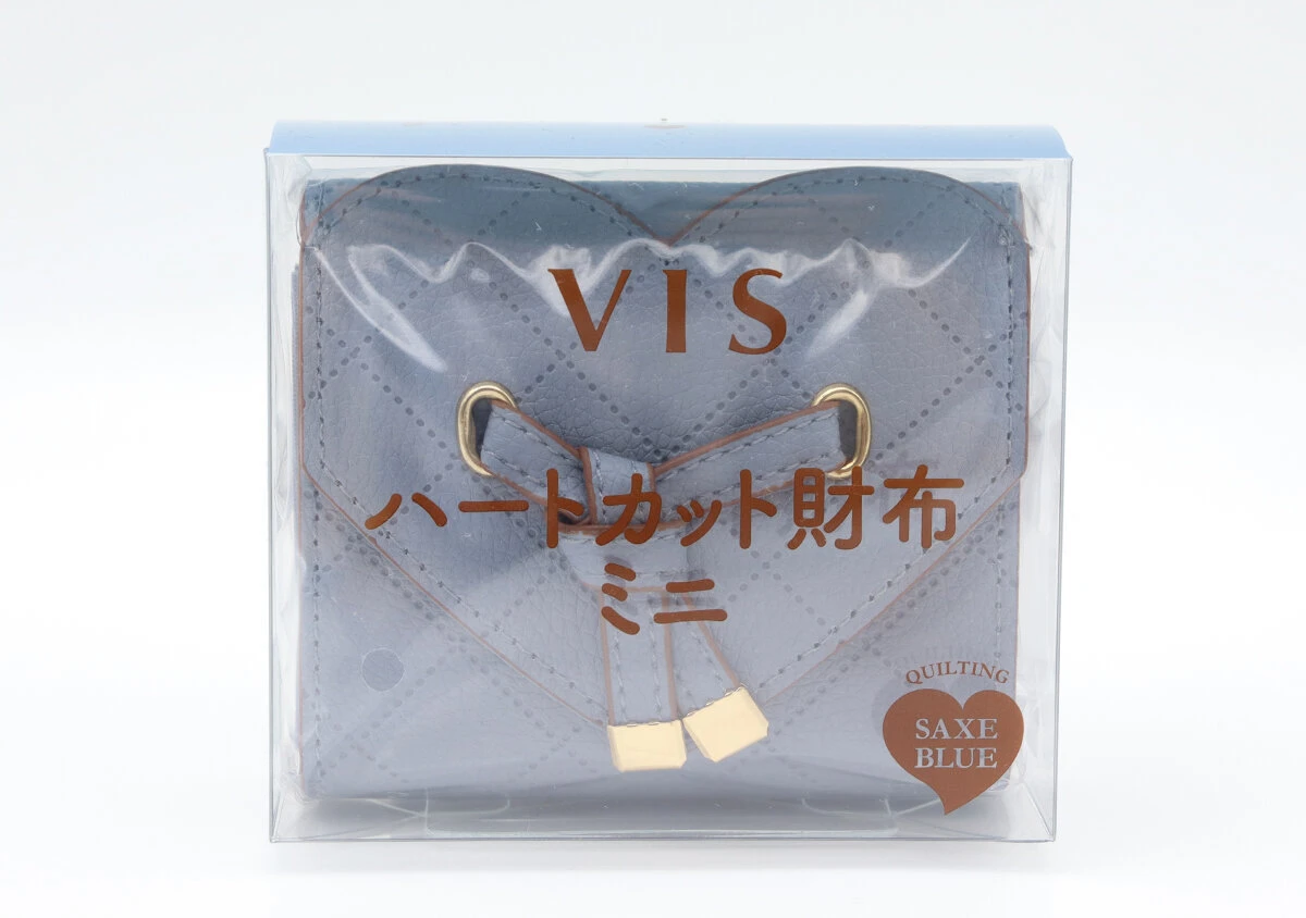 透明なパッケージに入ったサックスブルーのVISハートカットミニ財布 透明なパッケージに入ったサックスブルーのVISハートカットミニ財布