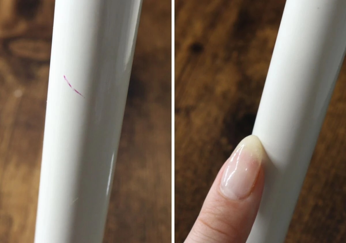 左はピンク色の汚れが付いた椅子の脚、右は汚れが完全に落ちた状態の椅子の脚の比較 左はピンク色の汚れが付いた椅子の脚、右は汚れが完全に落ちた状態の椅子の脚の比較