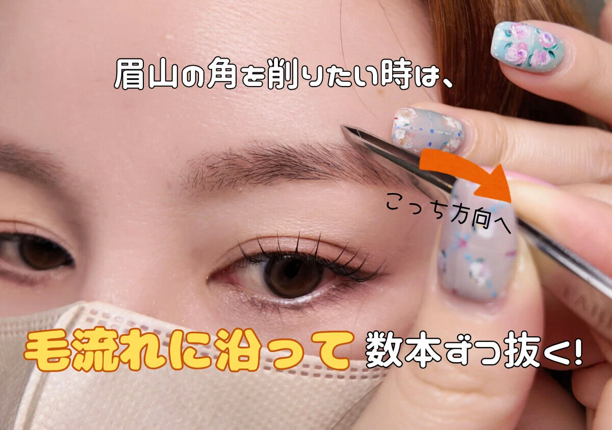 眉山の角の毛を毛抜きを使って毛流れに沿って抜いている様子 眉山の角の毛を毛抜きを使って毛流れに沿って抜いている様子
