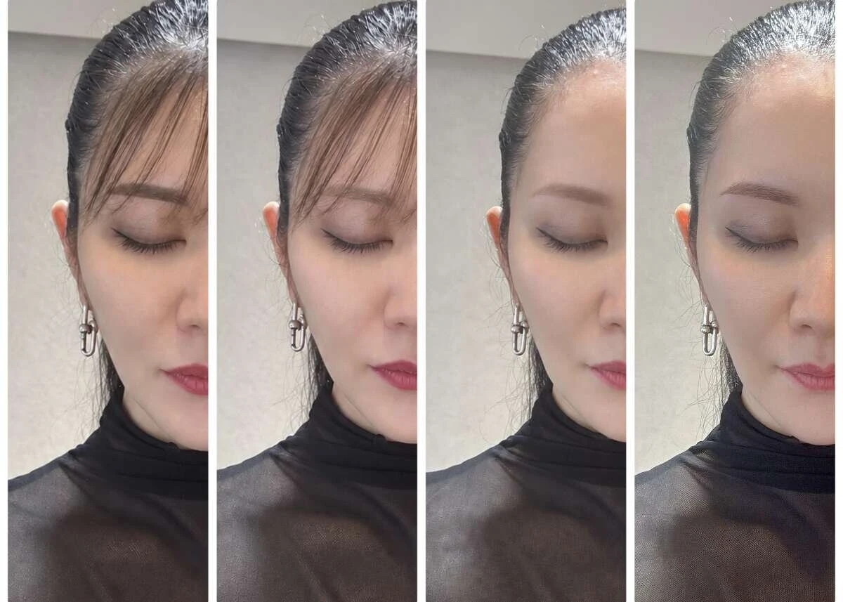 前髪ありと前髪なしの4つの状態を比較している女性の顔の分割写真