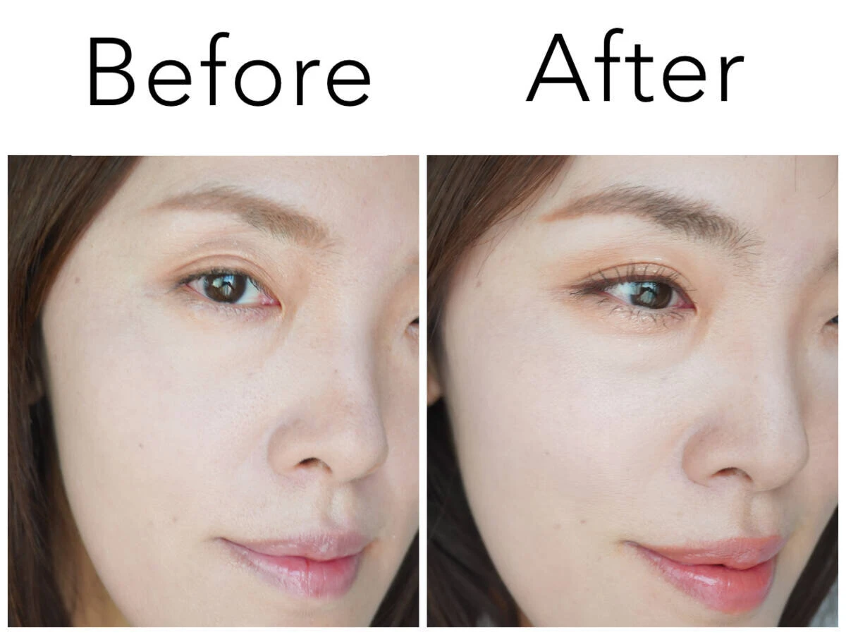 女性の顔のBefore/After比較。左はメイク前、右はナチュ盛りメイク後の顔。