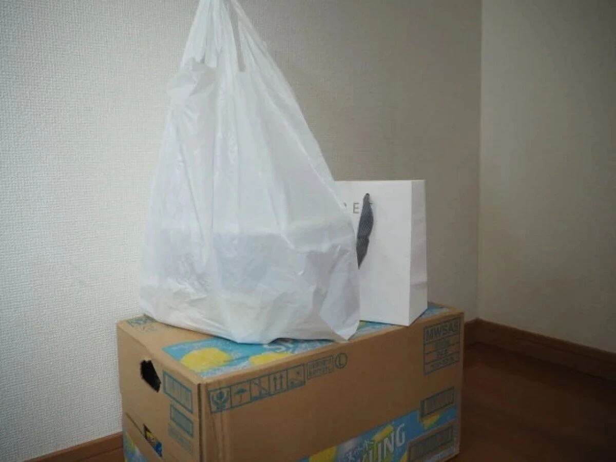 玄関の床に置かれた段ボール箱の上に、白いレジ袋と白い紙袋が積まれている