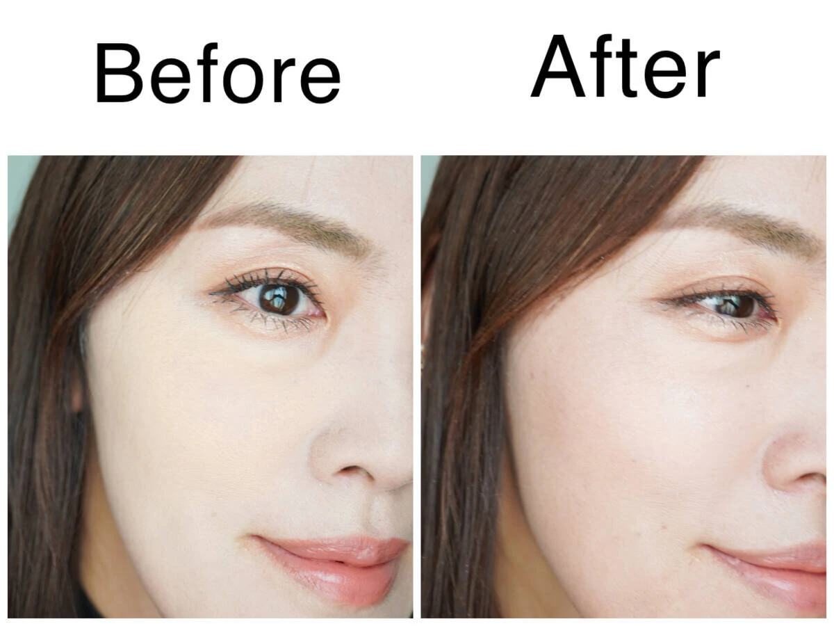 40代女性の顔のBefore（左）とAfter（右）の比較。Afterの方が若々しい印象。