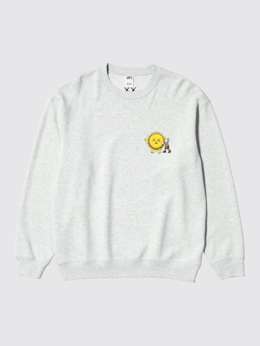 グレーのスウェットシャツにKAWSの太陽とCOMPANIONのキャラクターがプリントされている