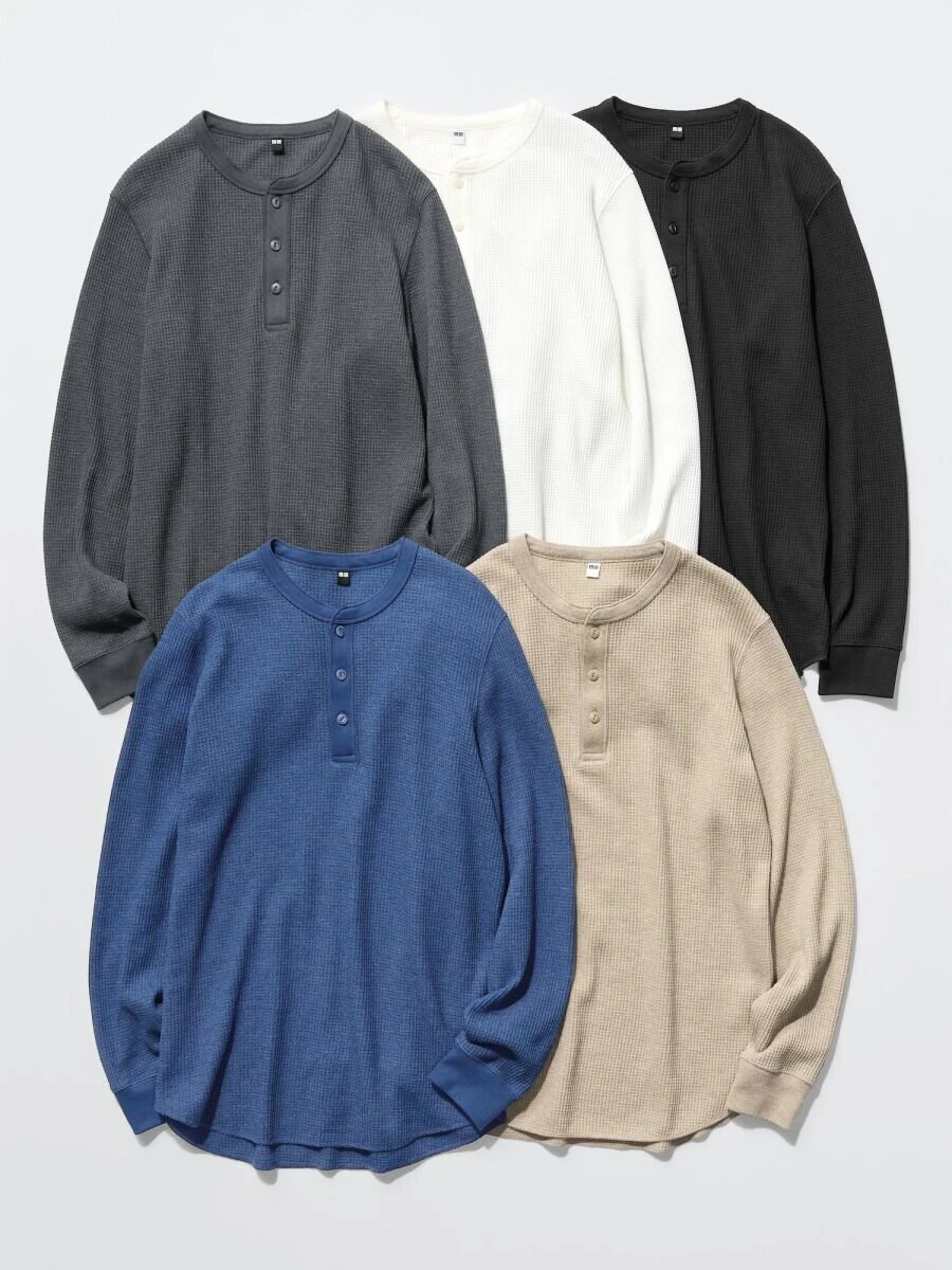 チャコールやブルー、ベージュなどのワッフル素材ヘンリーネックTシャツ チャコールやブルー、ベージュなどのワッフル素材ヘンリーネックTシャツ