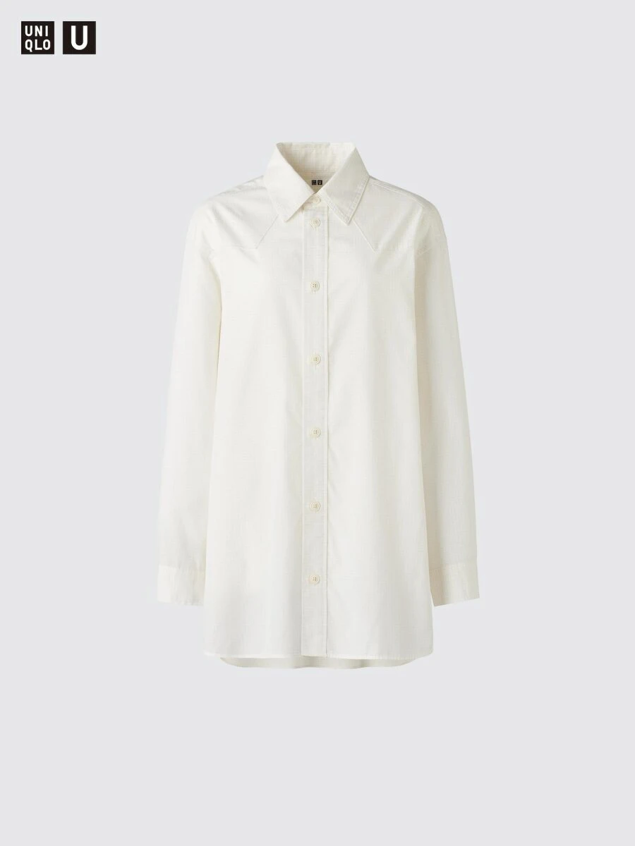 フロントの切り替えヨークと上品なチェック柄が特徴の白いロングシャツ フロントの切り替えヨークと上品なチェック柄が特徴の白いロングシャツ
