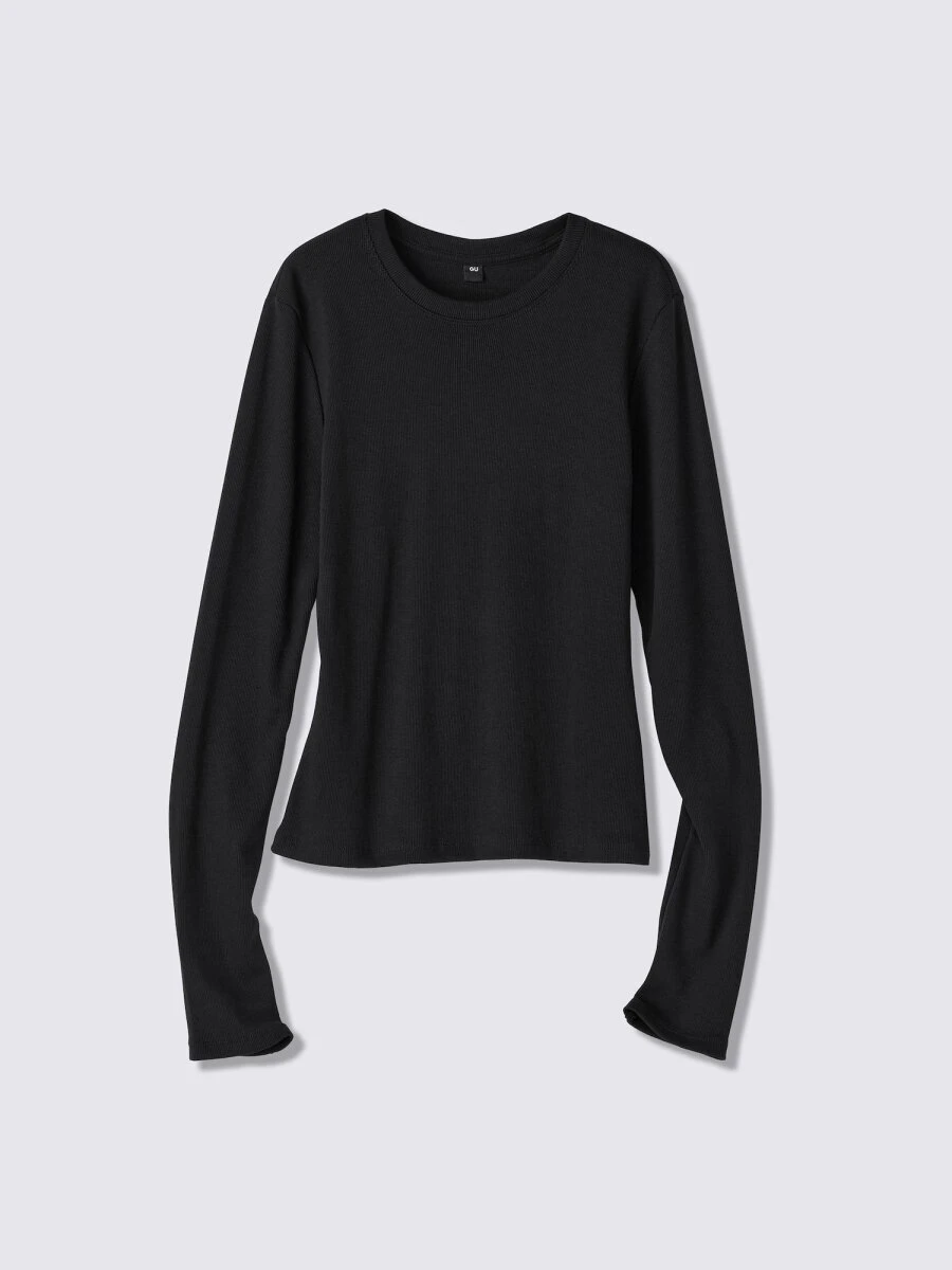 すっきりとしたシルエットの黒い長袖リブTシャツの置き画