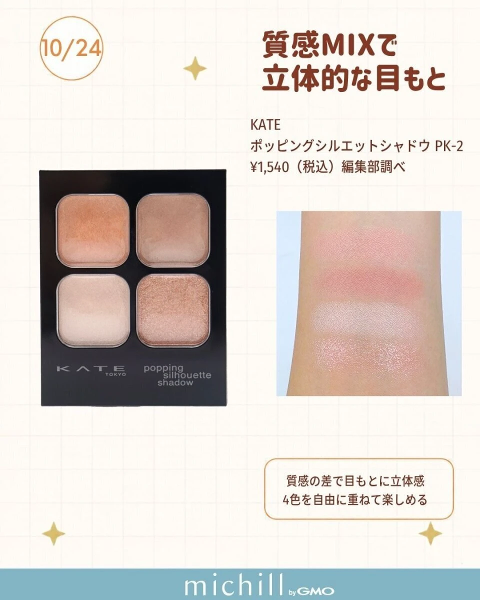 KATEの4色アイシャドウパレットPK-2と腕に塗られたピンク系の色見本 KATEの4色アイシャドウパレットPK-2と腕に塗られたピンク系の色見本