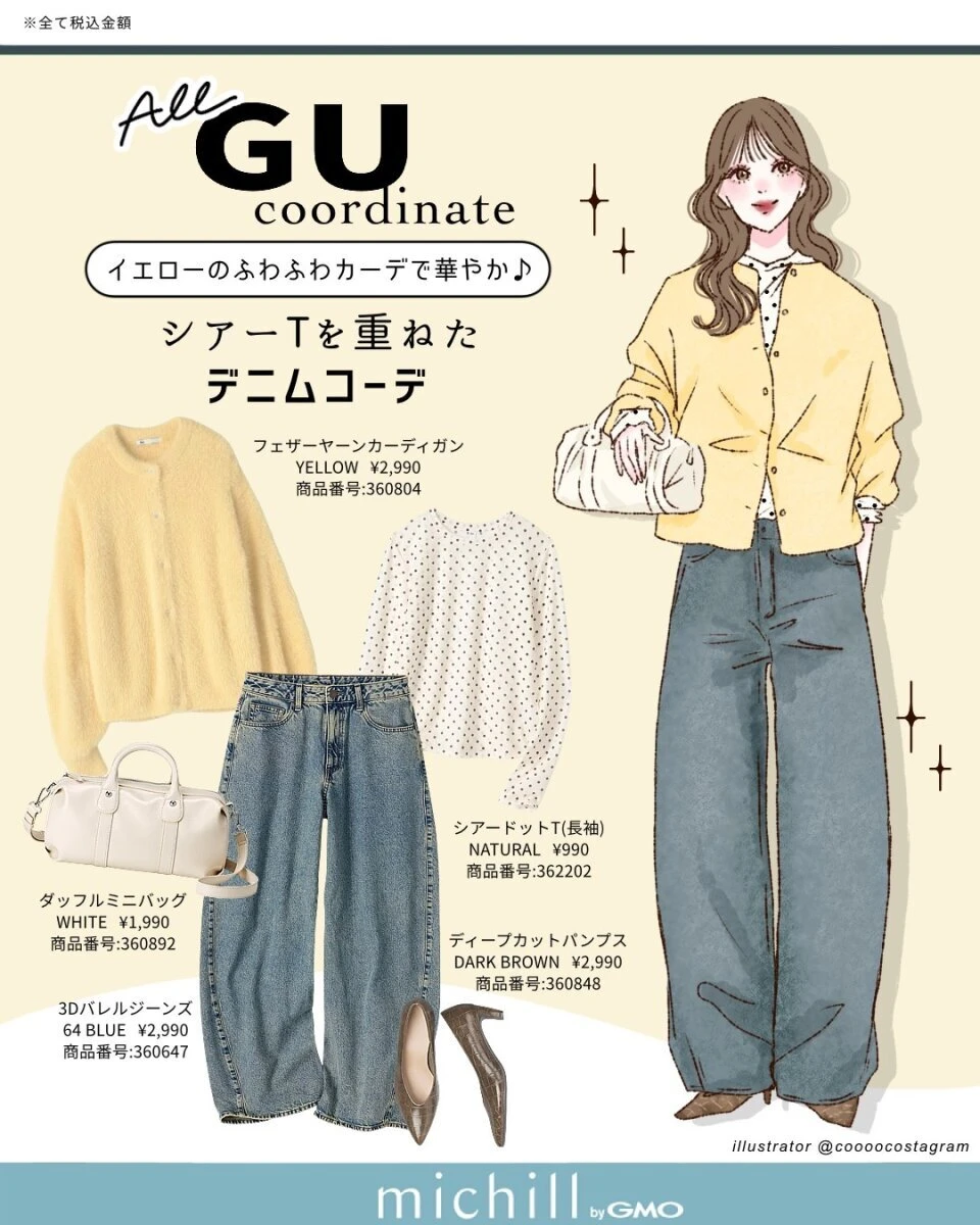 黄色いカーディガンにデニムを合わせた秋コーデのイラスト